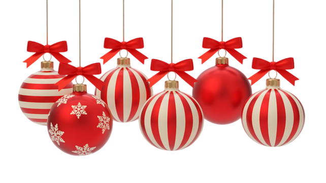 Collection of festive red and white striped christmas ornaments with red bows hanging against a dark background