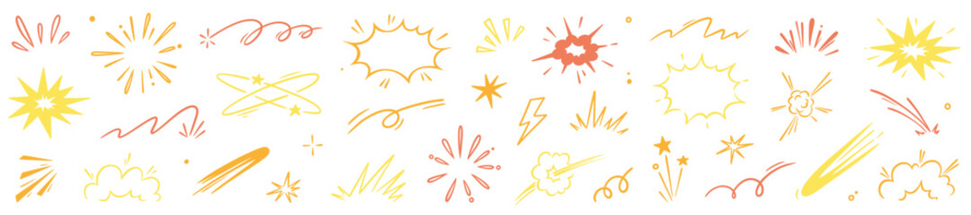 Explosive surprise comic line golden effect set. Hand drawn doodle cartoon speed effect, gold explosive burst action elements. Comic cartoon surprise line luxury shapes. Vector illustration. © Polina Tomtosova