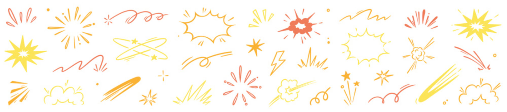 Explosive surprise comic line golden effect set. Hand drawn doodle cartoon speed effect, gold explosive burst action elements. Comic cartoon surprise line luxury shapes. Vector illustration.