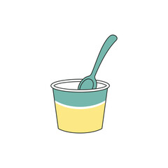 Yogurt cup with spoon sits on white table, ready to eat for a healthy snack in simple style. with vibrant colors and excellent composition.