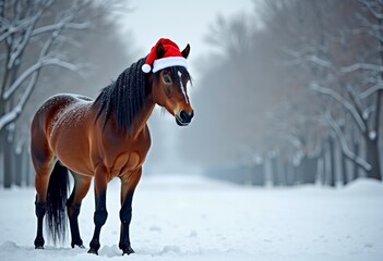 Brown horse in red Santa hat standing on snow at winter forest. Charming holiday scene symbolizing celebration, warmth, and the spirit of Christmas in the countryside
