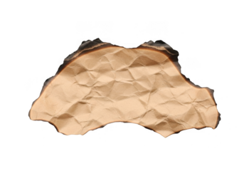 A piece of crumpled brown paper with burnt edges, isolated on a transparent background
