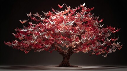 A tree made entirely of origami paper cranes, in various shades of red and white, delicate and intricate, soft studio lighting