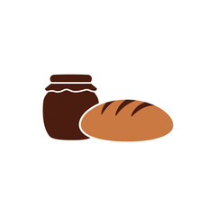 Jar of jam sitting next to a loaf of bread on a white surface, depicting a simple breakfast or snack, in a minimalist style.