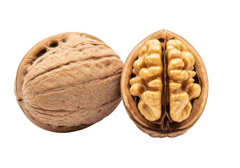A whole walnut and a halved walnut showing the kernel, isolated on transparent background