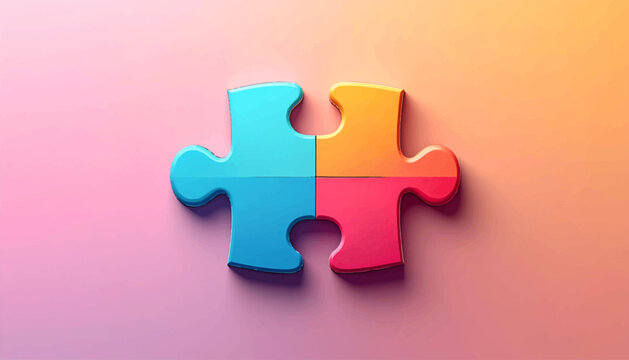 Four colorful puzzle pieces connected on a gradient background.