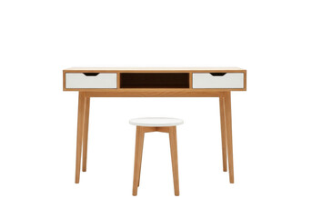 Modern wooden dressing table with two drawers and an open shelf, paired with a matching white stool, isolated on transparent background