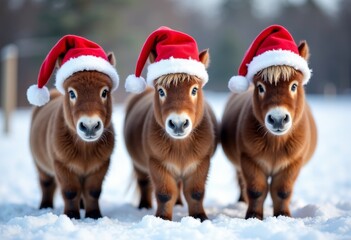 Three festive farmyard pony, Cheerful small foals with fluffy coats and festive Santa hats in snowy farm setting, Playful young animals dressed enjoying snowy farm backdrop for holiday