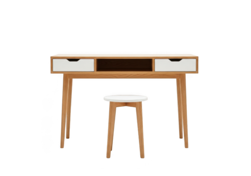Modern wooden dressing table with two drawers and an open shelf, paired with a matching white stool, isolated on transparent background