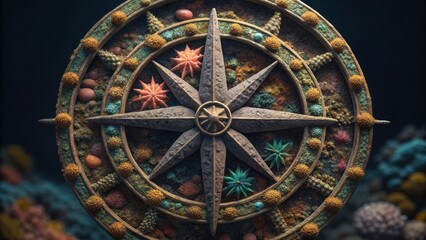 Obraz premium Ancient compass design with intricate details, surrounded by colorful coral and aquatic elements, evoking a sense of exploration and adventure.