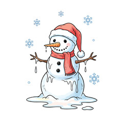 A charming cartoon illustration of a melting snowman wearing a red Santa hat and scarf dripping into a puddle.