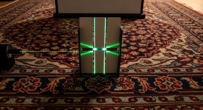 Green laser diffraction experiment on an ornate rug demonstrating wave properties and interference