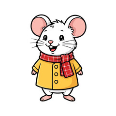 A cheerful white cartoon mouse wearing a yellow coat and a red plaid scarf.