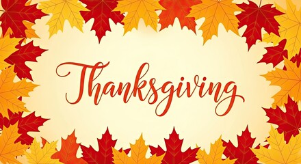 A colorful autumnal wreath of maple leaves with the word 'Thanksgiving' in cursive script.