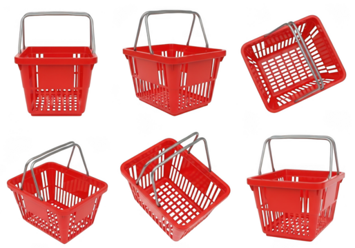 Collection of six red plastic shopping baskets with metal handles, shown from different angles, isolated on transparent background
