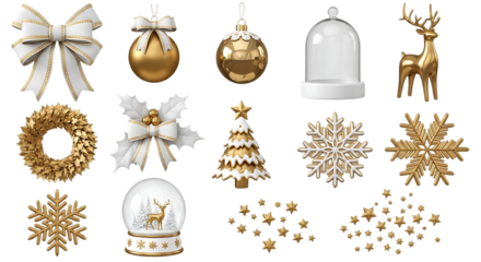 Collection of festive golden christmas ornaments and decorations displayed against a dark background for holiday celebrations