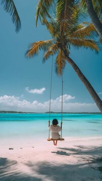 Serene escape swinging under a palm tree on a tropical beach with crystal-clear turquoise water, perfect for summer vacation vibes and relaxation
