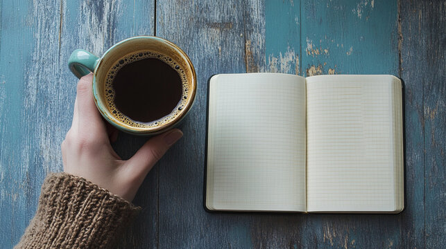 Hand holding coffee cup beside open notebook on workspace desk cozy morning scene flat lay concept of productivity planning study and warm beverage lifestyle scene
