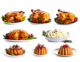 A festive collection of traditional holiday dinner icons, featuring roast turkey and Christmas pudding, isolated on a white background
