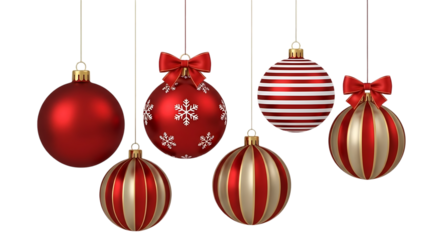A festive collection of six red and white striped and solid colored christmas ornaments hanging against a dark background