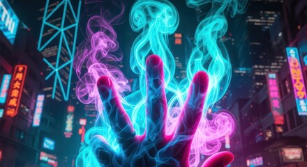 Neon city dreamscape with ethereal hand and luminous vapor trails evoking future visions