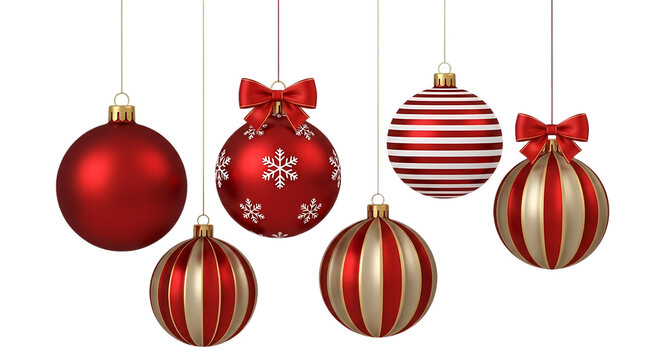 A festive collection of six red and white striped and solid colored christmas ornaments hanging against a dark background