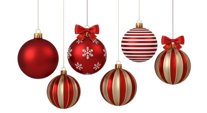 A festive collection of six red and white striped and solid colored christmas ornaments hanging against a dark background - Powered by Adobe