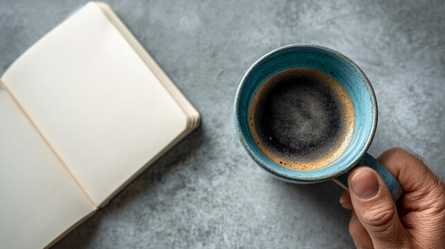 Hand holding coffee cup beside open notebook on workspace desk cozy morning scene flat lay concept of productivity planning study and warm beverage lifestyle scene