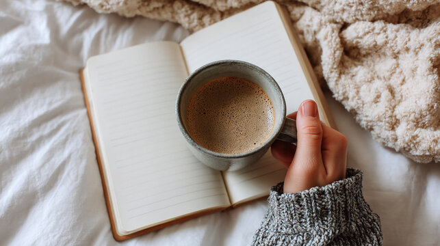 Hand holding coffee cup beside open notebook on workspace desk cozy morning scene flat lay concept of productivity planning study and warm beverage lifestyle scene