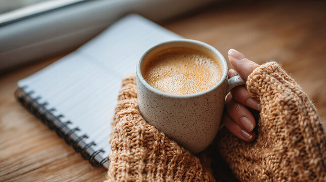 Hand holding coffee cup beside open notebook on workspace desk cozy morning scene flat lay concept of productivity planning study and warm beverage lifestyle scene - Powered by Adobe