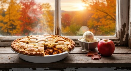 A freshly baked apple pie with a slice missing, sitting on a wooden table with a view of a colorful autumn landscape through a window.