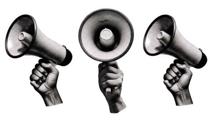 Three vintage style hands holding megaphones in a row against a stark black background representing protest and activism