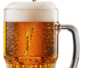 A refreshing mug of golden beer with a thick foamy head, isolated on transparent background