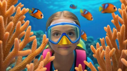 A young girl in snorkeling gear explores a vibrant coral reef, surrounded by colorful fish in clear blue water.