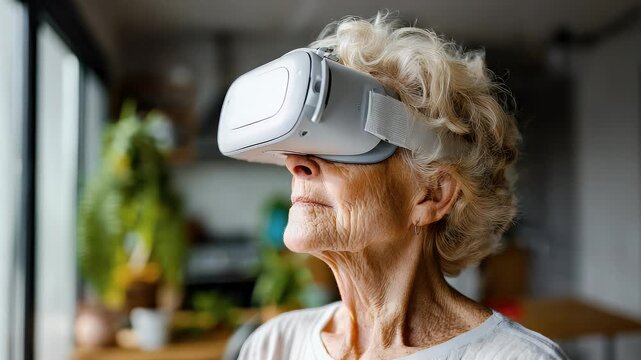 Woman wearing vr headset looking through window natural light