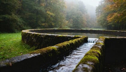 Serene Reservoir Amidst Misty Woods: A tranquil reservoir, built with aged stone and adorned with verdant moss, gently collects and disperses pristine water, shrouded in an ethereal mist.