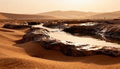 Serene Desert Oasis: A tranquil oasis glistens under a warm sun, surrounded by rolling sand dunes and rugged, rock formations, offering a striking contrast and a sense of enduring serenity.