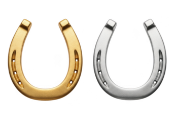Two horseshoes, one gold and one silver, isolated on transparent background