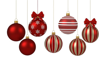Collection of six festive red and gold christmas ornaments with intricate patterns and stripes hanging against a dark background