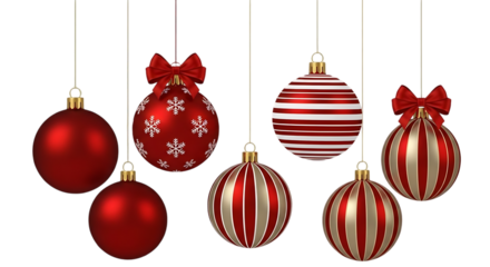 Collection of six festive red and gold christmas ornaments with intricate patterns and stripes hanging against a dark background