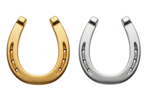 Two horseshoes, one gold and one silver, isolated on transparent background