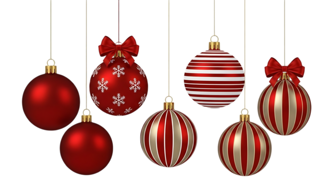 Collection of six festive red and gold christmas ornaments with intricate patterns and stripes hanging against a dark background