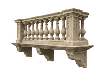 Ornate stone balcony balustrade with decorative balusters and supporting corbels, isolated on transparent background