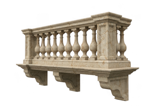 Ornate stone balcony balustrade with decorative balusters and supporting corbels, isolated on transparent background