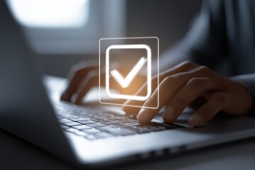 Businessman reviewing compliance documents on laptop - digital governance system for cybersecurity and regulation management in corporate environment