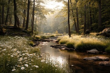 Obraz premium Enchanting forest scene with morning sunlight illuminating wildflowers and a serene stream, captured for travel marketing, wellness visuals, and outdoor adventure content in natural warm lighting