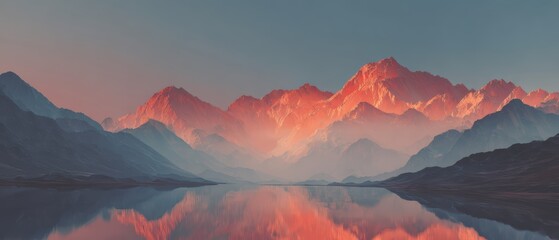 Holographic mountain scenery with glowing iridescent peaks and vibrant neon skies for sustainable travel, outdoor adventure exploration and modern hiking campaign visuals