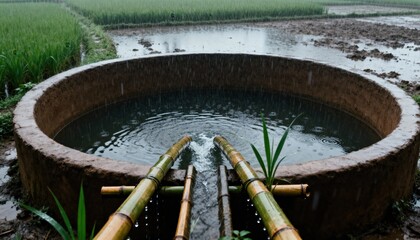 Tranquil Water Feature: A serene scene featuring a traditional water feature with bamboo elements, harmoniously integrated into a landscape. Water flows gently. 