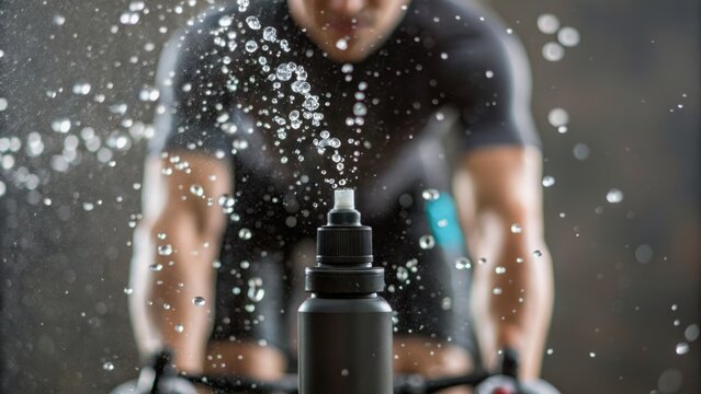 A blurred cyclist is illuminated with water droplets splashing around a black sports water bottle, emphasizing hydration during exercise. - Powered by Adobe