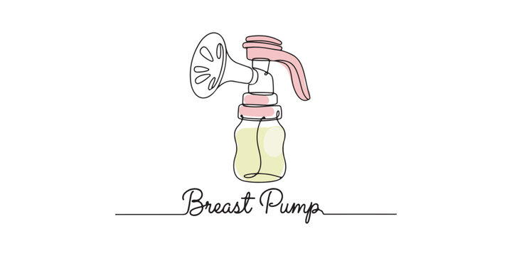 Minimalist vector of a manual breast pump featuring a suction cup, Includes elegant cursive &ldquo;Breast Pump&rdquo; text, breastfeeding awareness campaigns, baby care marketing visuals